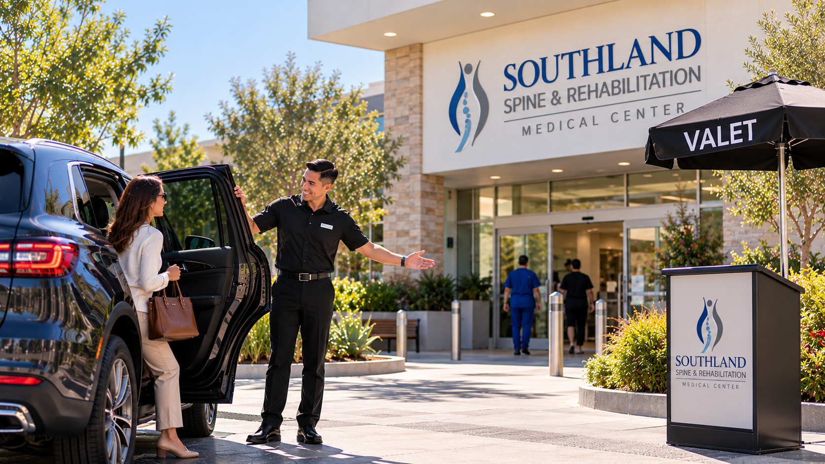 PMSA valet attendant greeting a patient arriving at Southland Spine & Rehabilitation Medical Center in Costa Mesa, California