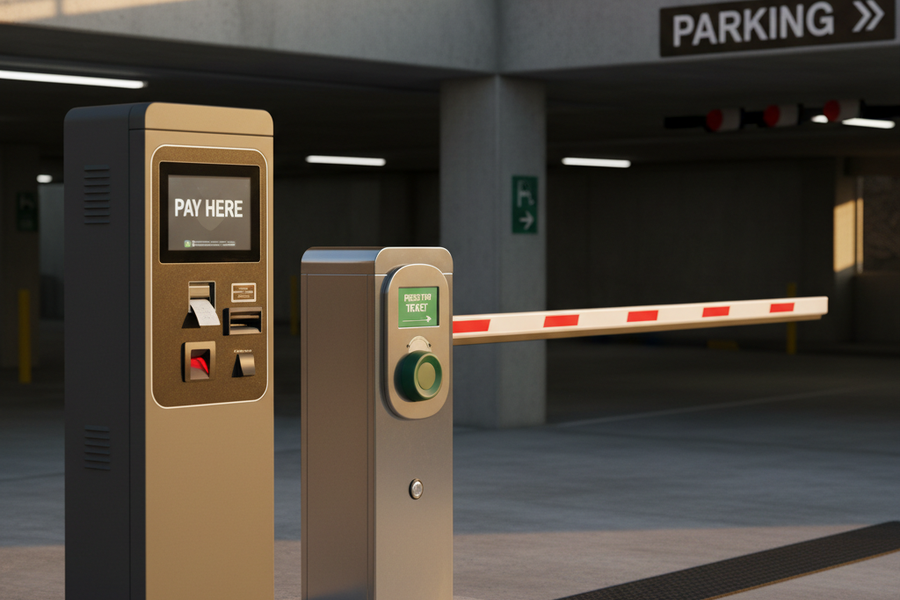 Valet attendant standing at a professional parking podium