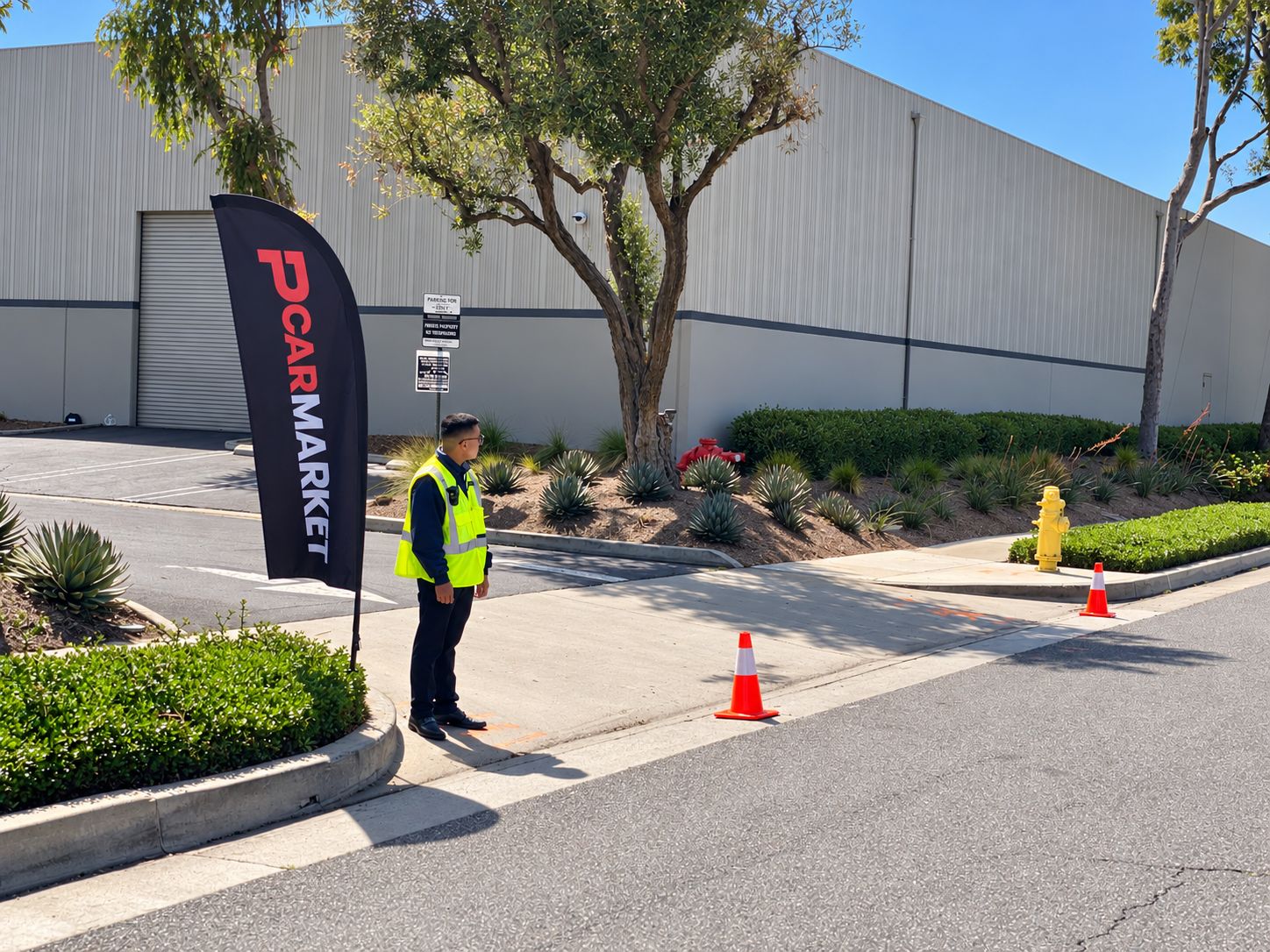 PMSA traffic control attendant with safety cones managing vehicle circulation at PCAR Market
