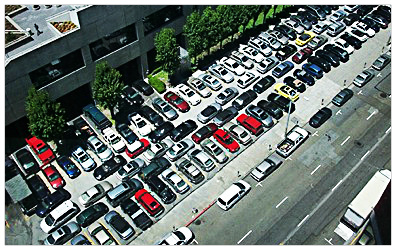 This is an aerial shot of "stack parking" in a medical office building.